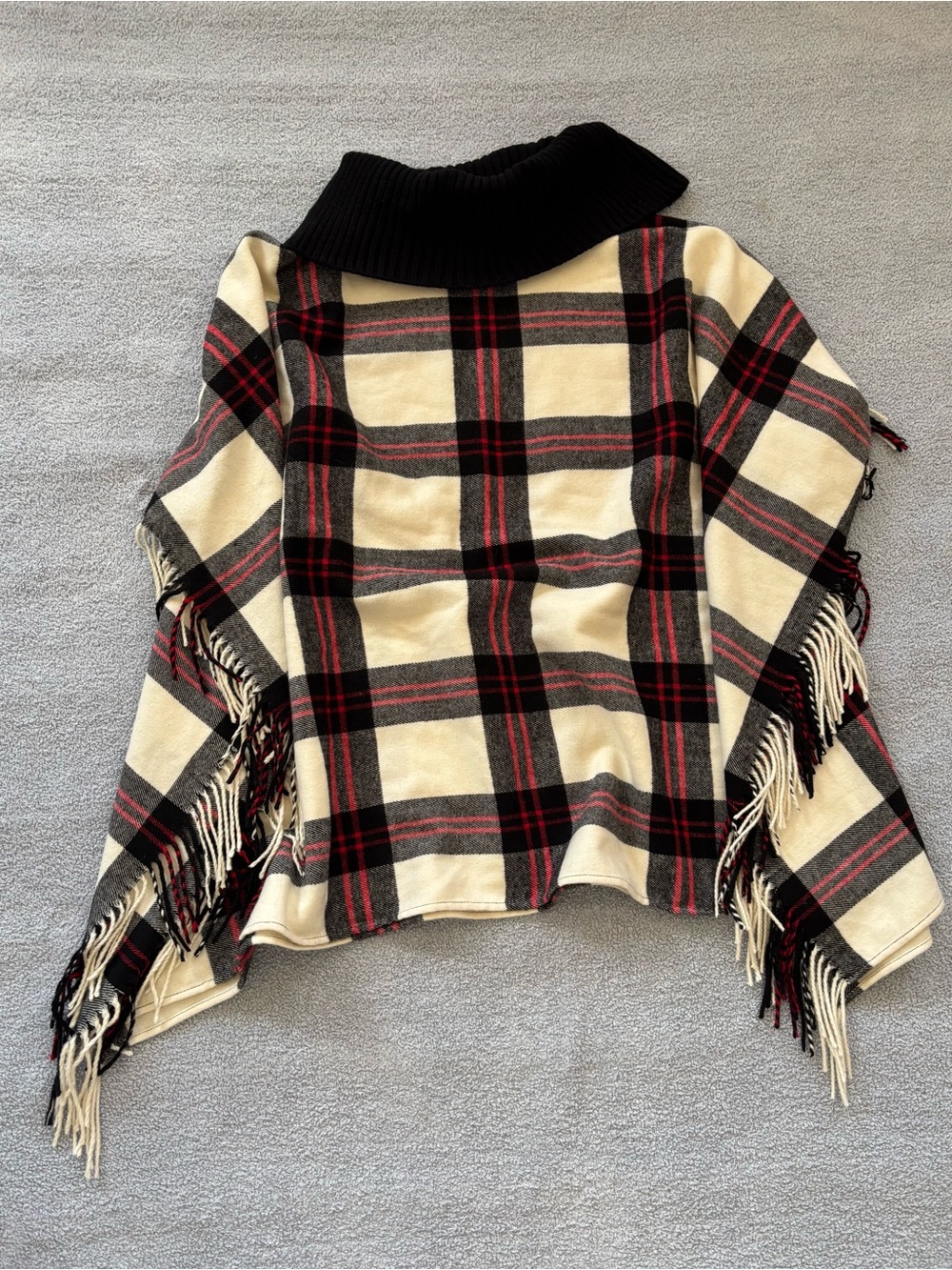 Talbots Cream Plaid Fringe Turtleneck Poncho with Black & Red Accents